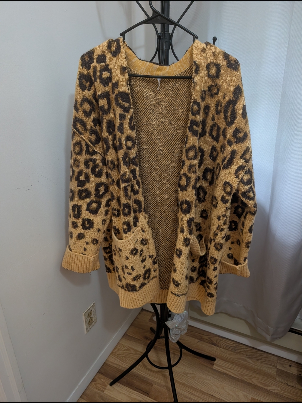 Free People Leopard Open-Front Cardigan in Mustard and Brown Size Large
